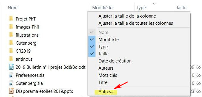 Menu contextuel des attributs